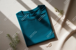 Folded Teal TShirt With Greenery Plant Product Image 1