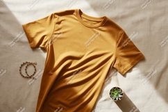 Mustard yellow t shirt mockup with plant and bracelet Product Image 1