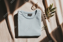 Light blue folded t shirt with gold bracelet and green leave Product Image 1