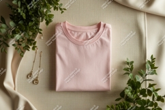 Pink t shirt mockup with jewelry and greenery clothing Product Image 1