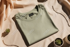: Folded green t-shirt with plants and pearls Product Image 1