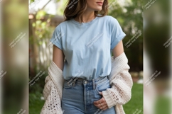 Woman Wearing Blue Tshirt Mockup Outside Product Image 1