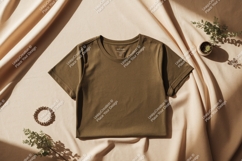 Olive green t shirt mockup with plants and jewelry Product Image 1