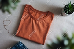 Orange t shirt mockup with jewelry and plants apparel Product Image 1