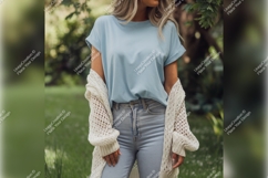 Woman Wearing Light Blue Tshirt Mockup Outdoors Product Image 1