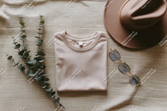 Folded beige t shirt with hat and sunglasses mockup Product Image 1