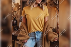 Mustard Tshirt Mockup With Cardigan And Jeans Product Image 1