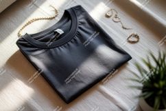 Dark gray t-shirt with gold jewelry and plant Product Image 1