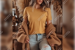 Woman Wearing Mustard Tshirt Mockup And Cardigan Product Image 1