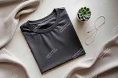 Dark gray t shirt mockup with succulent and necklace Product Image 1