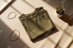 Folded olive green t shirt with plant and jewelry image Product Image 1