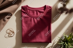 Folded maroon t shirt with gold jewelry mockup Product Image 1