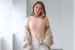 Woman Wearing Tshirt Mockup And Cardigan Indoors Product Image 1