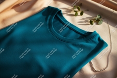 Teal shirt draped on fabric with necklace image Product Image 1