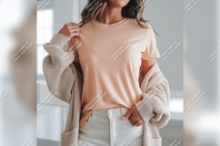 Peach Tshirt Mockup On Woman With Cardigan Product Image 1