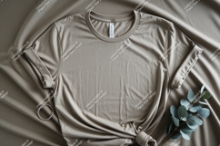 Tan t shirt mockup with bracelet and greenery beige Product Image 1