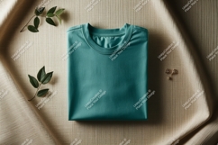 Teal t shirt folded with leaves and earrings image Product Image 1
