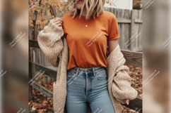 Woman Wearing Autumnal Outfit Tshirt Mockup Product Image 1