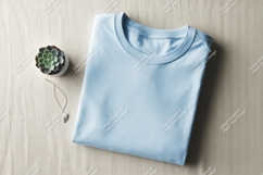 Folded light blue t-shirt with succulent and necklace Product Image 1