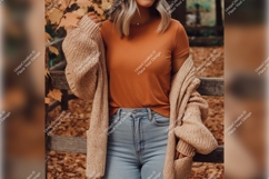 Woman In Orange Tshirt Mockup Autumn Scene Product Image 1