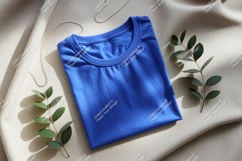 Blue T shirt Mockup With Greenery clothing Product Image 1