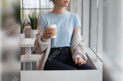 Woman Holding Coffee Tshirt Mockup Indoors Product Image 1