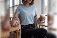 Woman In Light Blue Tshirt Mockup Drinking Coffee Product Image 1
