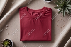 Crimson shirt mockup with plants and jewelry Product Image 1