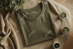 Olive green t shirt mockup with plants clothing Product Image 1
