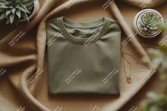 Olive green t shirt mockup with plants image Product Image 1