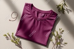 Plum colored t shirt with jewelry and greenery bracelet Product Image 1