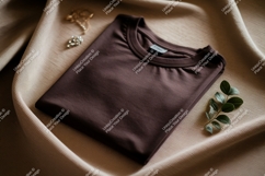 Folded brown t shirt with jewelry and plant image Product Image 1