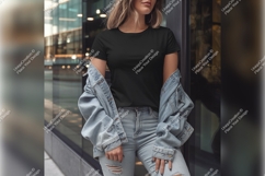 Woman Wearing Black Tshirt Mockup With Jacket Product Image 1