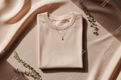 Cream t shirt with delicate necklace and greenery jewelry Product Image 1