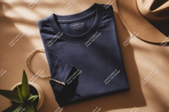 Dark blue t shirt with tan hat and plant navy Product Image 1