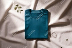 Teal t shirt laid flat with natural elements clothing Product Image 1