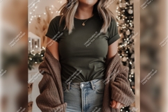 Woman Wearing Olive Tshirt Mockup Sweater Product Image 1