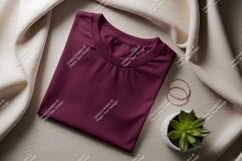 Folded maroon t shirt with plant and jewelry Product Image 1
