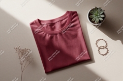 Folded maroon t shirt with plant and jewelry image Product Image 1
