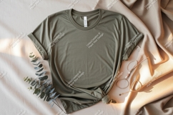 Olive green t shirt mockup with eucalyptus and jewelry Product Image 1