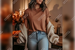 Woman In Brown Tshirt Mockup Autumn Decor Product Image 1