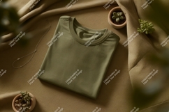 Folded olive t shirt with necklace and plants Product Image 1