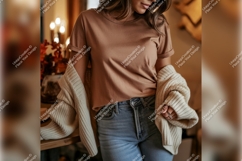 Woman Wearing A Brown Tshirt Mockup Product Image 1