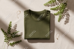 Olive green t shirt with delicate jewelry and foliage Product Image 1