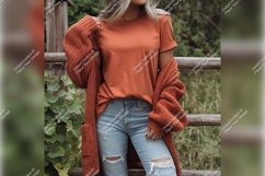 Woman In Orange Tshirt Mockup And Cardigan Product Image 1