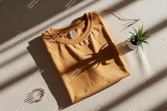 Mustard yellow t shirt mockup with jewelry and plant Product Image 1