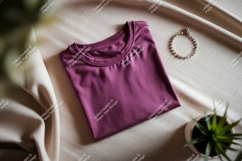 Plum colored t shirt with bracelet and plant folded Product Image 1