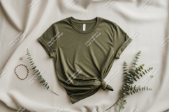 Olive green shirt mockup with jewelry and greenery Product Image 1