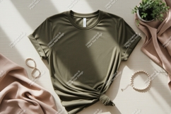 Olive green t shirt draped with fabric and jewelry Product Image 1