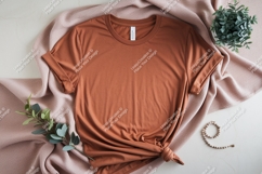 Terracotta tee draped on blush blanket with greenery Product Image 1